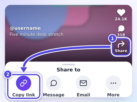 Menú Compartir con la opción Copiar enlace para copiar un enlace de TikTok