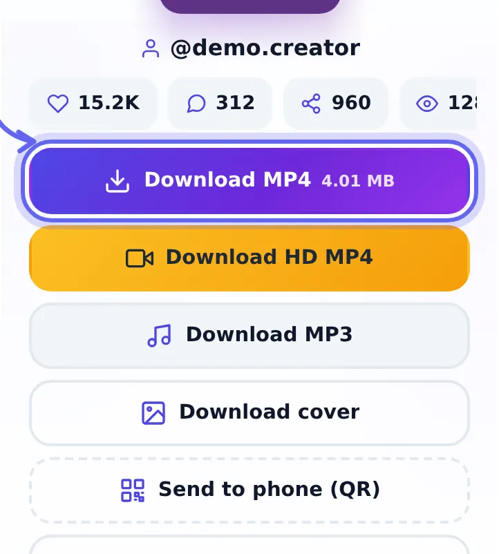 Download MP4, HD MP4 and MP3 buttons of a SnapTik video result